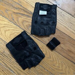 Harley Davidson HD Black Leather Fingerless Gloves Size S